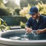 Technician performing maintenance on a hot tub with tools