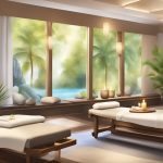 A serene spa setting with luxurious massage tables, soothing aromatherapy, relaxing hot stone treatments, rejuvenating facials, refreshing body scrubs, and tranquil meditation spaces