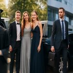 Five scenes showing people celebrating special moments with limousines: a wedding couple, a graduate, prom friends, a business executive, and a romantic couple in evening attire.
