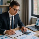 A corporate accountant analyzing financial documents and charts in a modern office.