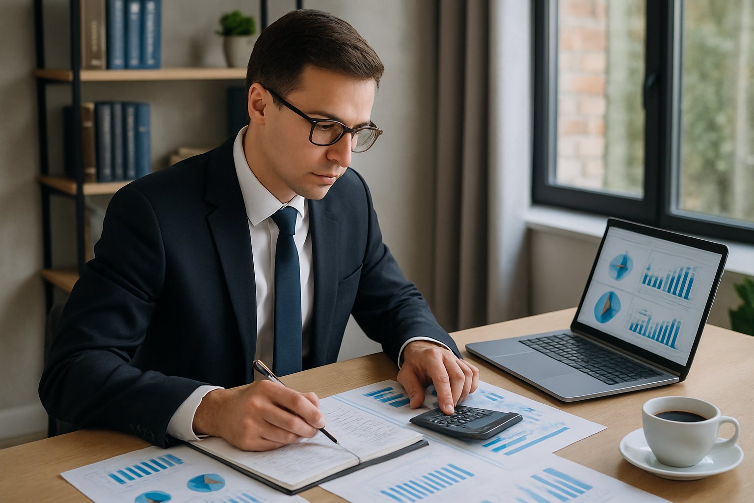 A corporate accountant analyzing financial documents and charts in a modern office.