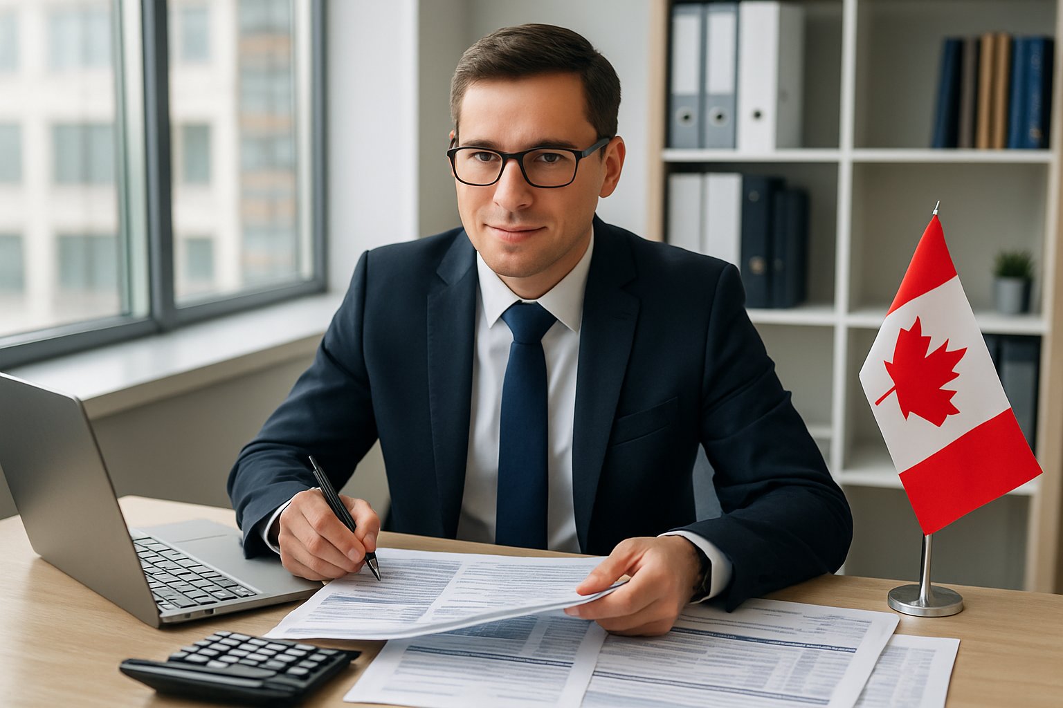 A corporate accountant reviewing financial documents at a desk with a Canadian flag in the background.