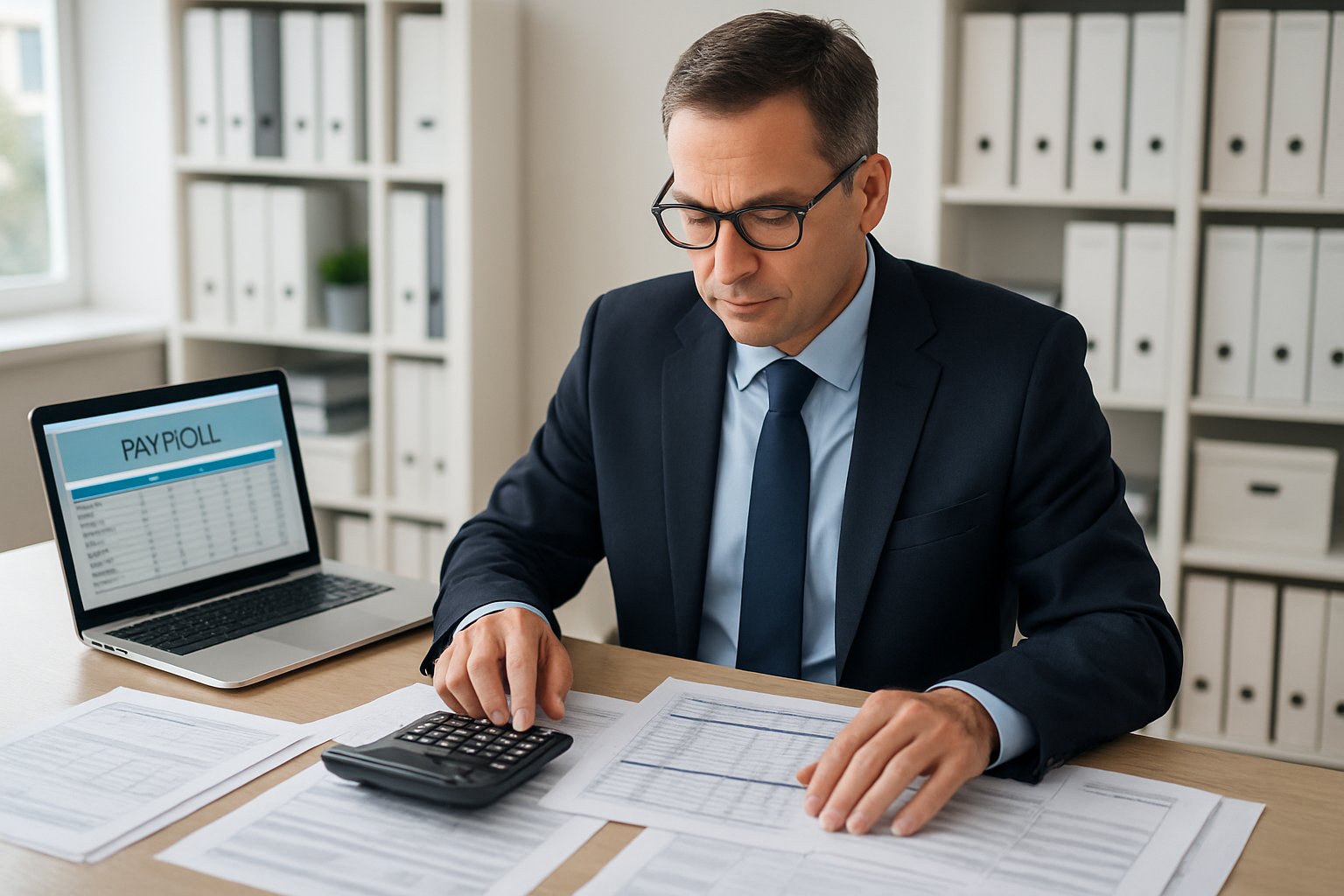 A man in business attire working at a desk with financial documents and a laptop in a bright office.