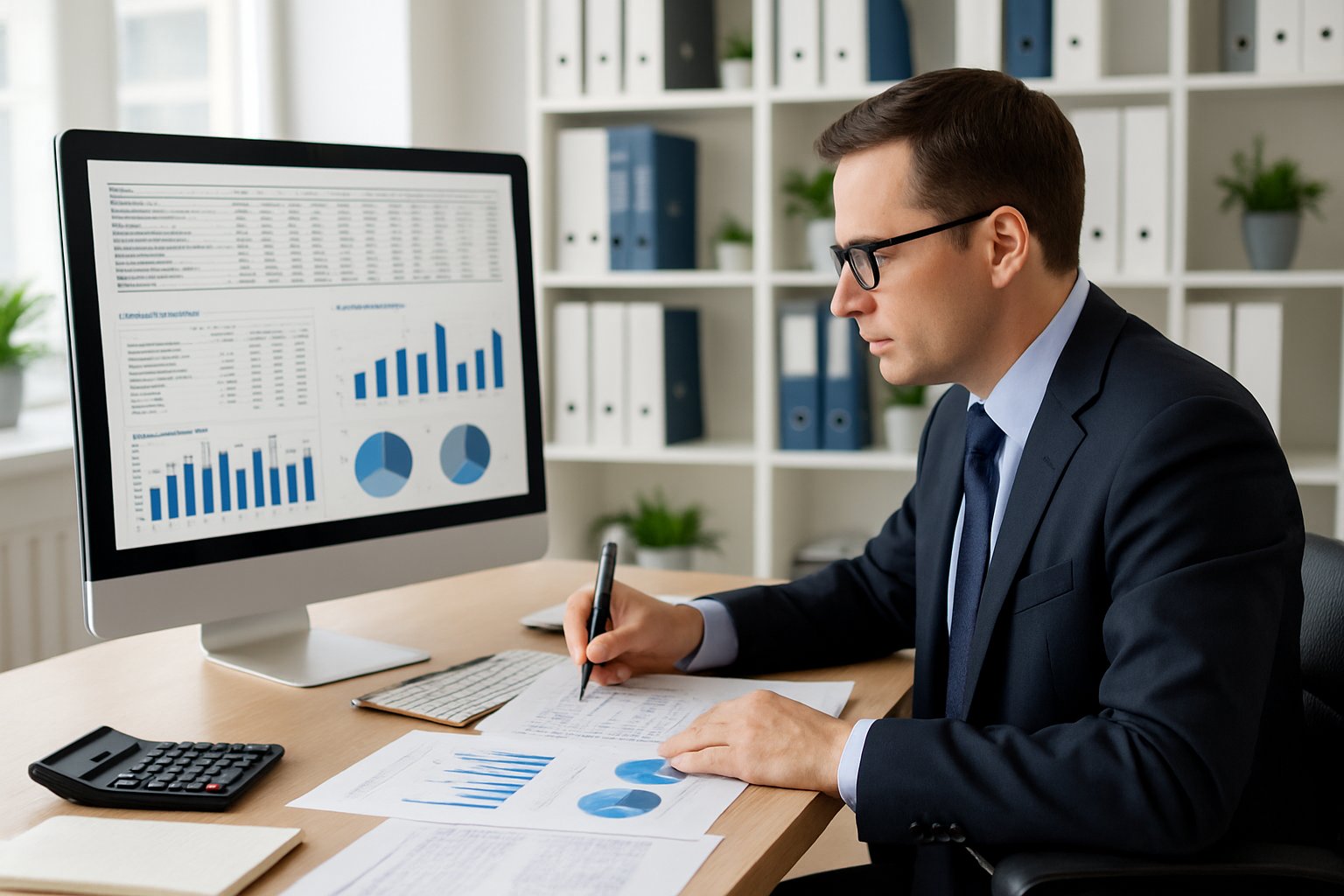 A corporate accountant reviewing financial documents and charts at a desk in a bright office.