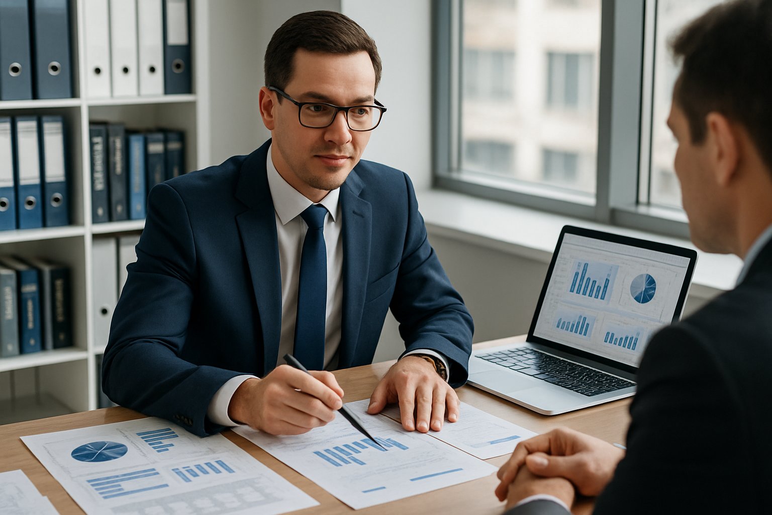 A corporate accountant discussing financial documents with a client in a modern office.