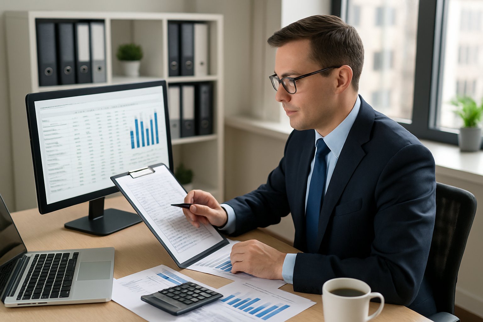 A corporate accountant reviewing financial documents at a desk in a modern office.