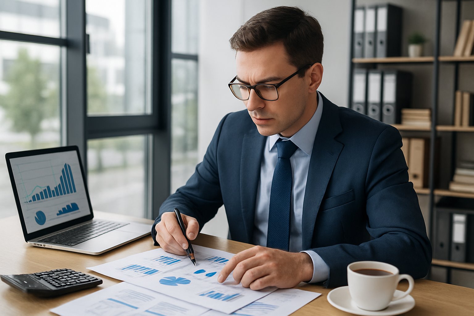 A corporate accountant in business attire reviewing financial documents and charts at a desk in a modern office.