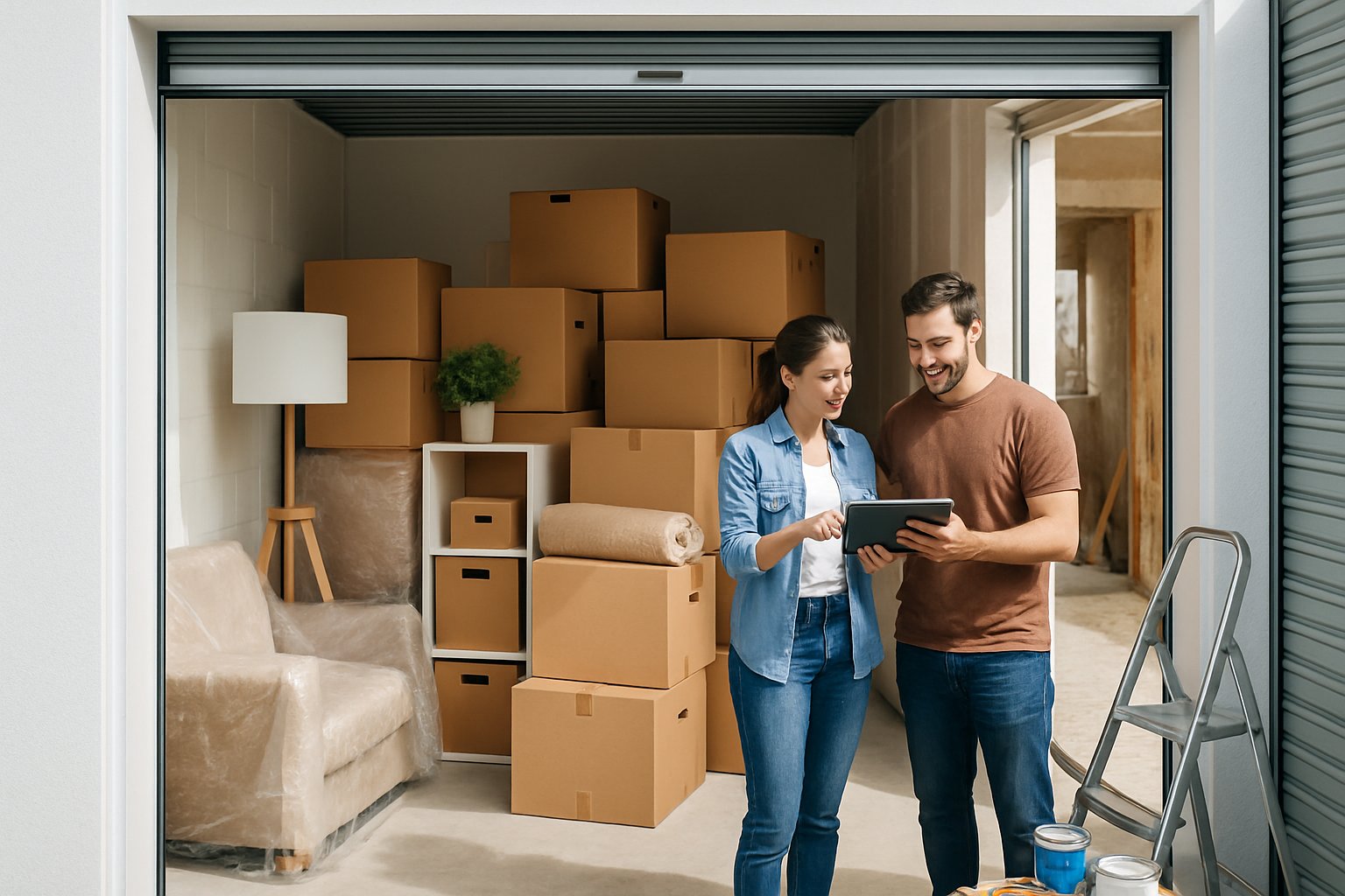A couple organizing packed boxes and wrapped furniture inside a storage unit during a home renovation.