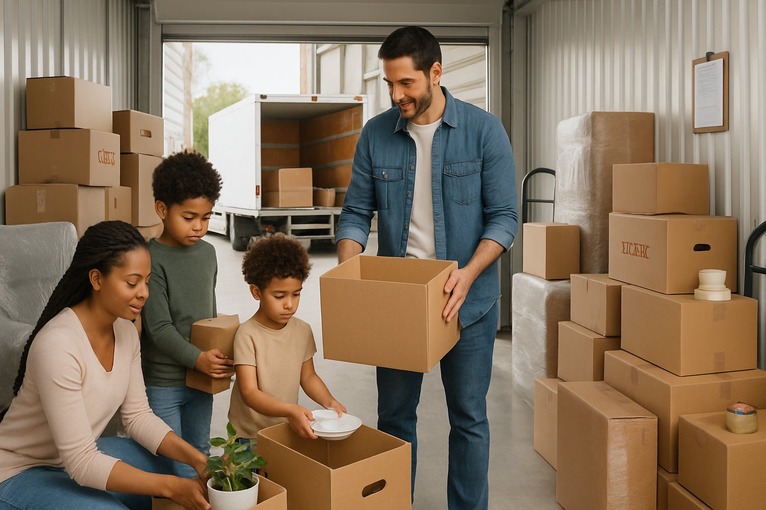 A family packing boxes and furniture into a clean storage unit during a home move.