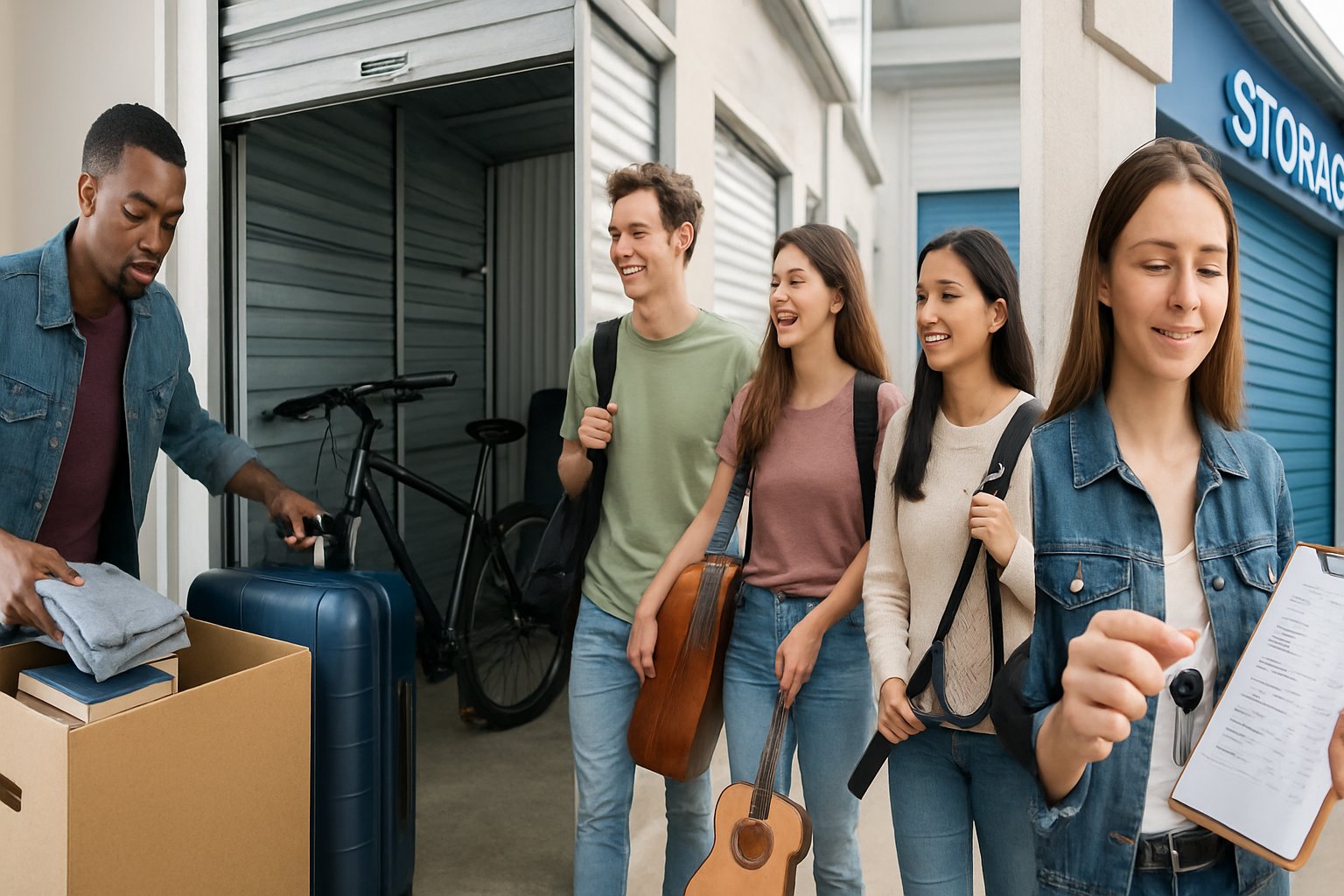 Five scenes showing college students packing, loading, and organizing belongings in and around storage units during summer break.