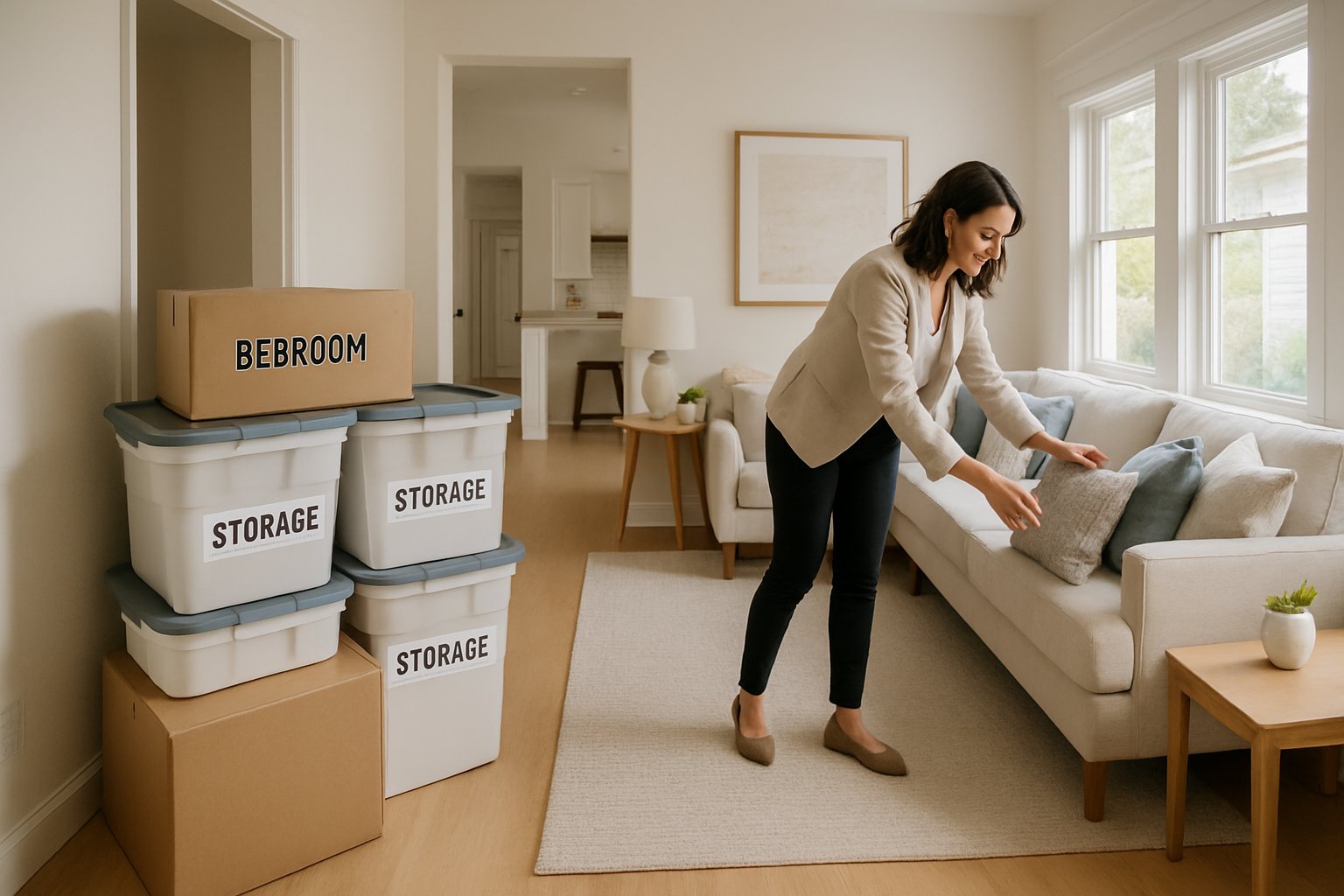 A clean and organized living room with packed boxes and a person arranging pillows, showing a home prepared for sale.