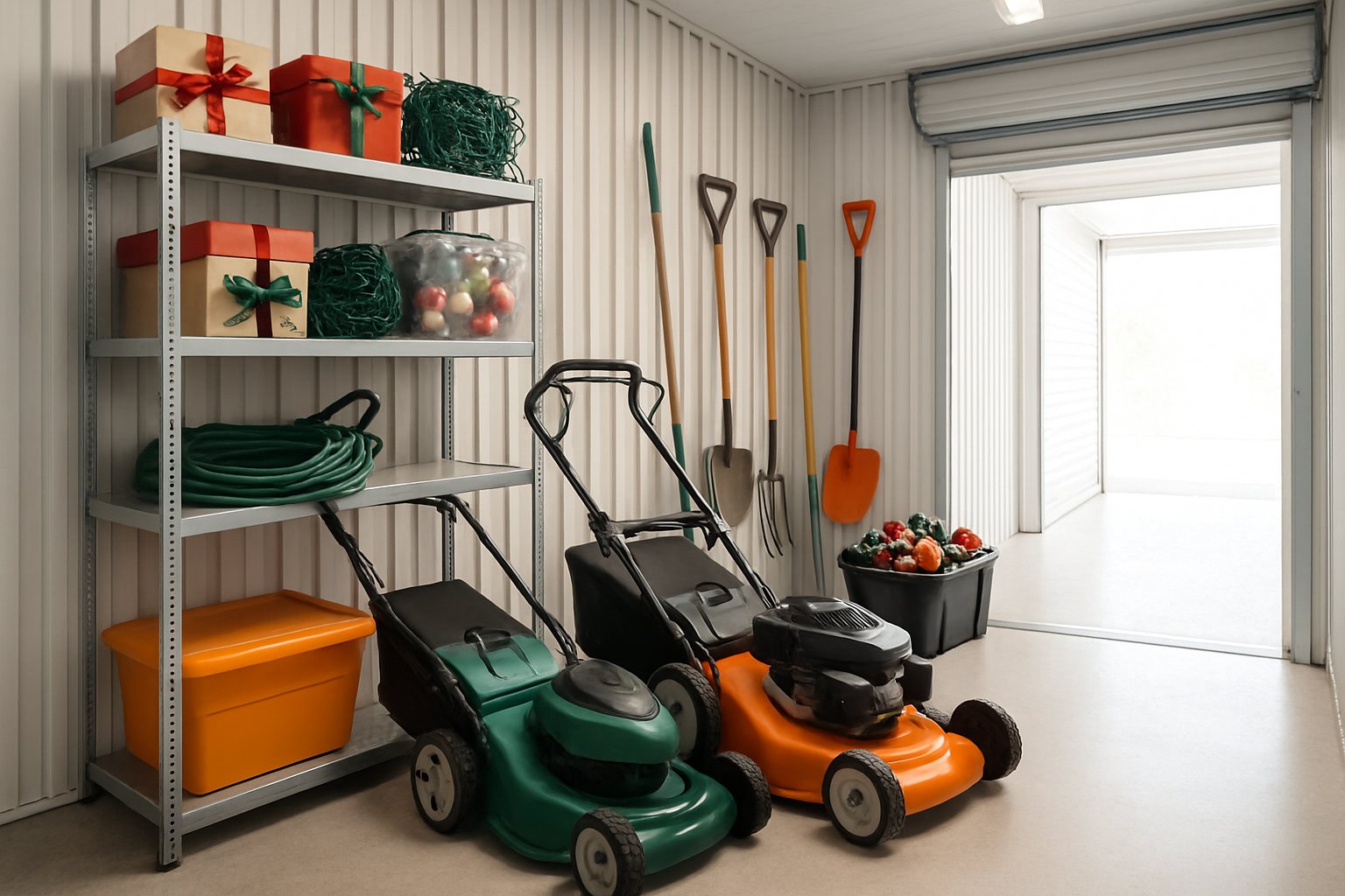 An organized storage unit with lawnmowers, gardening tools, and holiday decorations neatly stored inside.