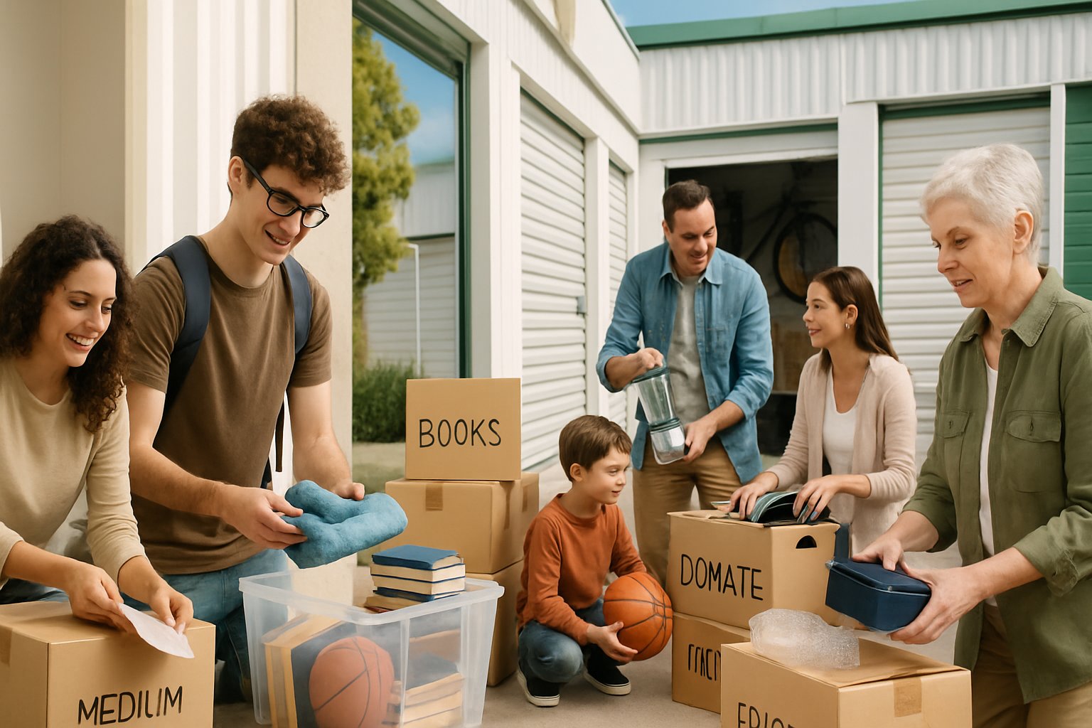 People packing and organizing belongings in and around storage units during various life transitions.