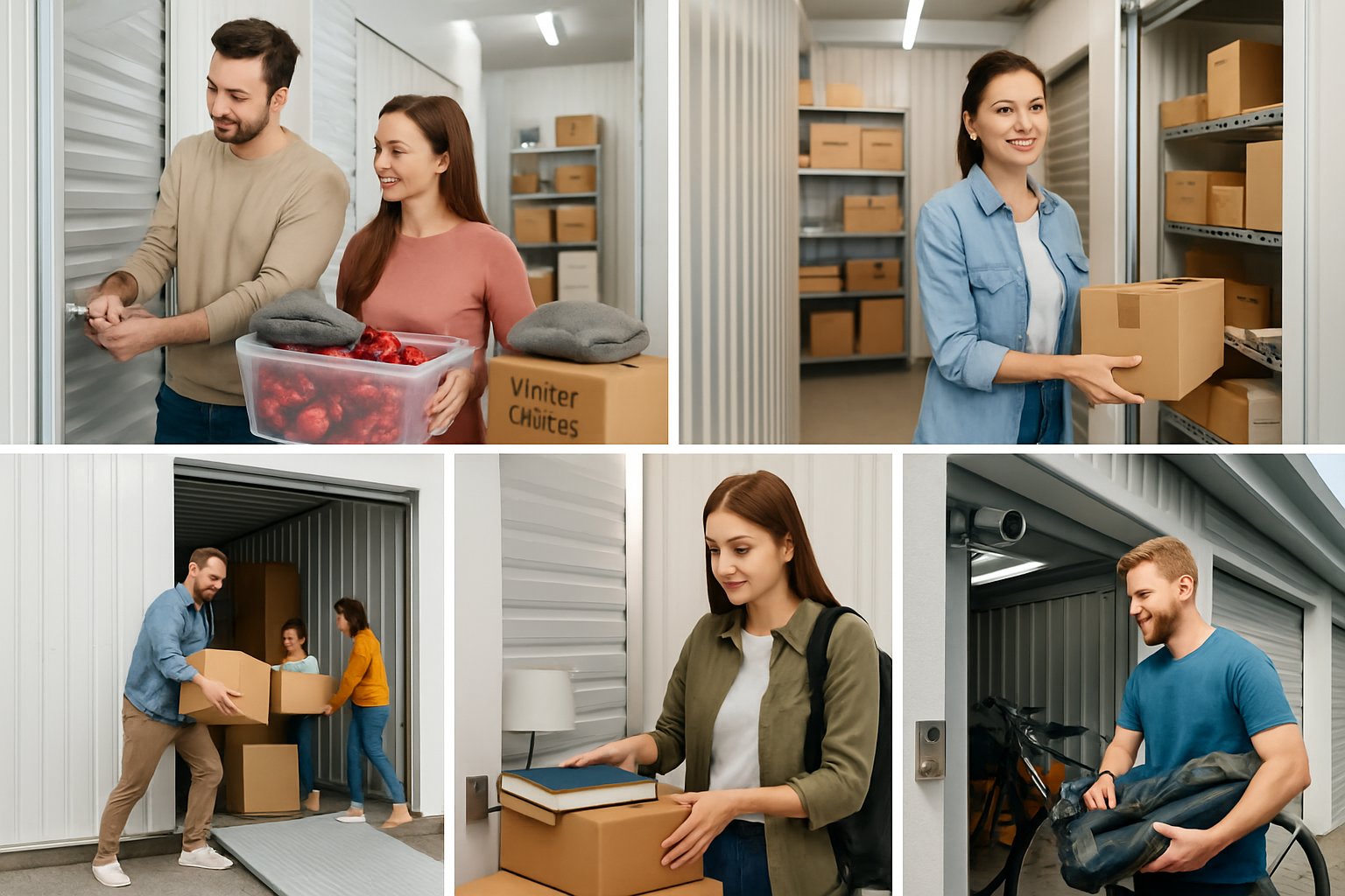 Five scenes showing people using storage units for secure and easy storage of personal, business, and recreational items.