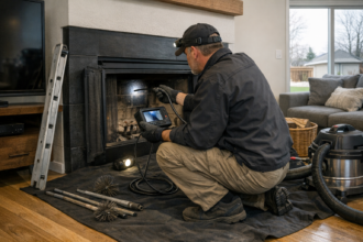 Graphic showing a fireplace being inspected for safety