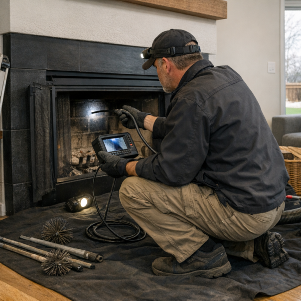 Graphic showing a fireplace being inspected for safety