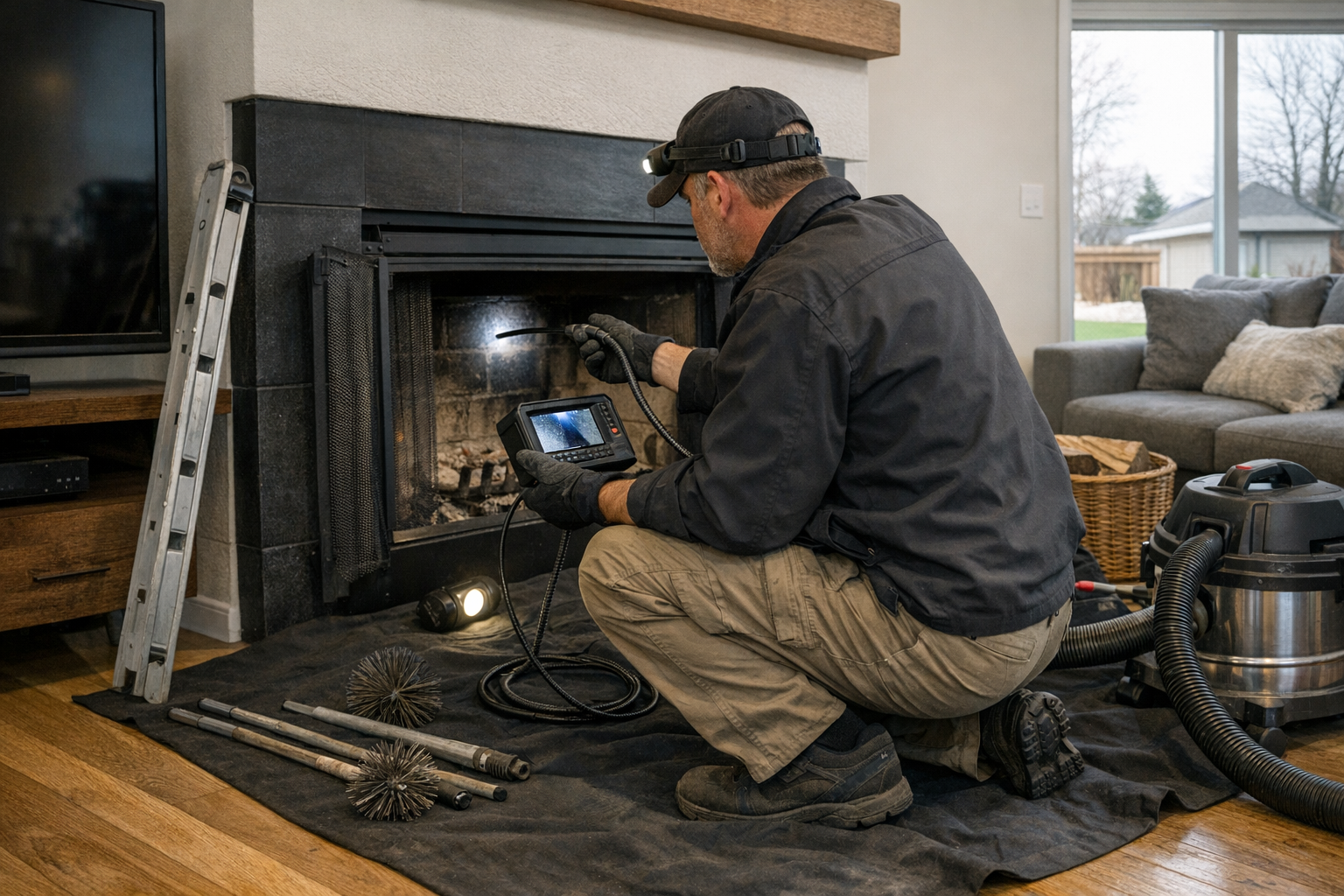 Graphic showing a fireplace being inspected for safety