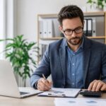 Accountant reviewing financial documents beside a laptop and calculator