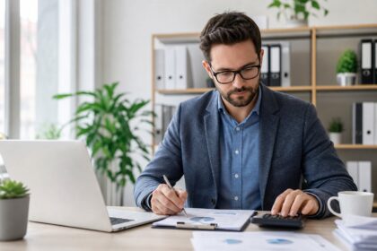 Accountant reviewing financial documents beside a laptop and calculator