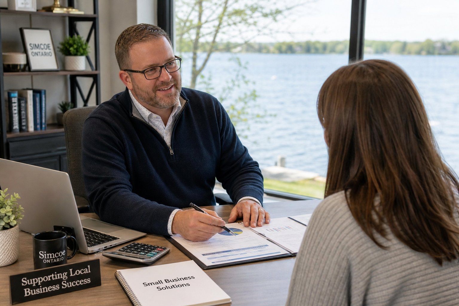 An accountant and a small business owner talking at a desk in an office with a large window showing a lake and trees outside.