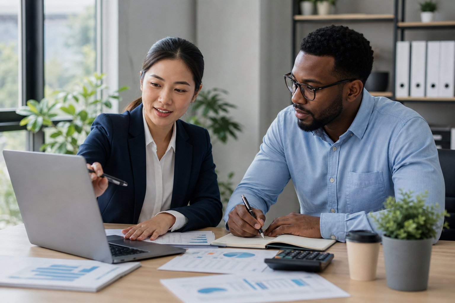 Two professionals discussing financial documents together in a bright office.