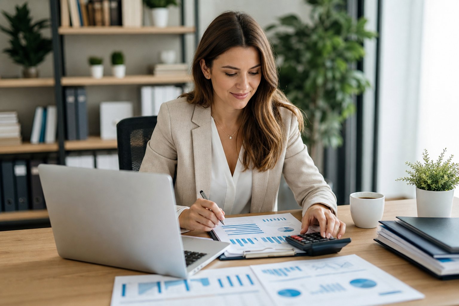 A small business accountant working at a desk with a laptop and financial documents in a bright office.
