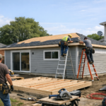 Workers roofing an accessory dwelling unit under construction