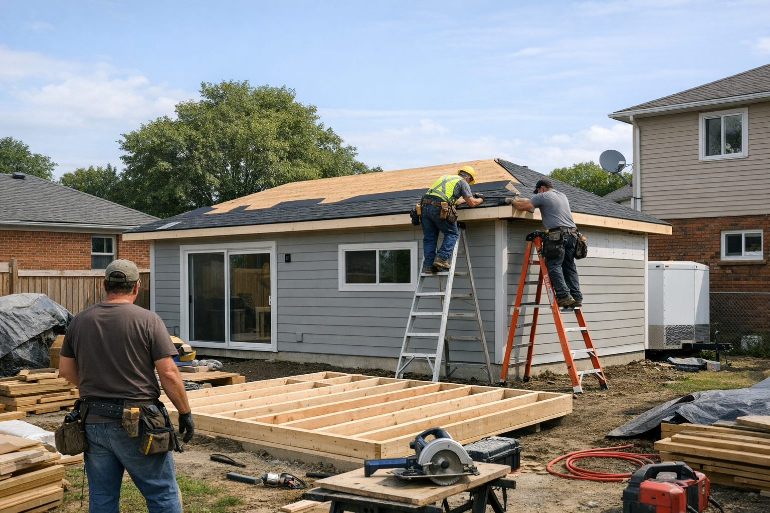 Workers roofing an accessory dwelling unit under construction