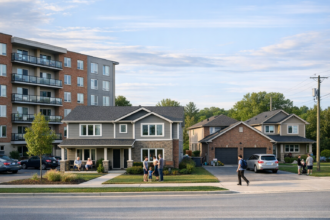 Apartment building and family homes with people gathered outside