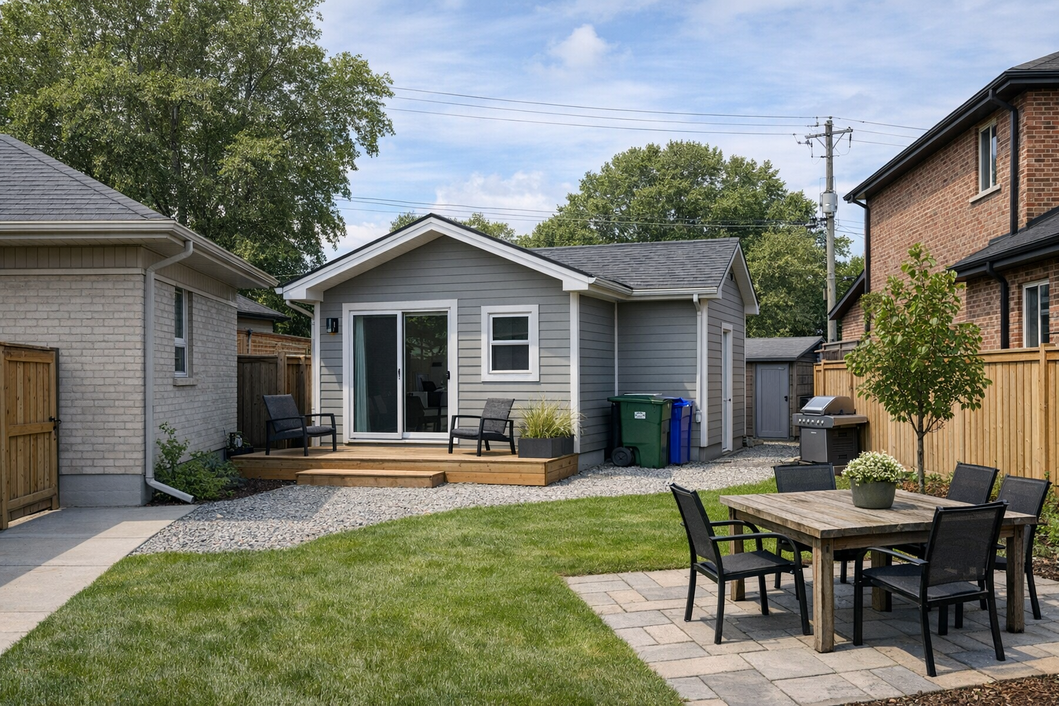 Detached backyard ADU with deck, patio, and outdoor dining area